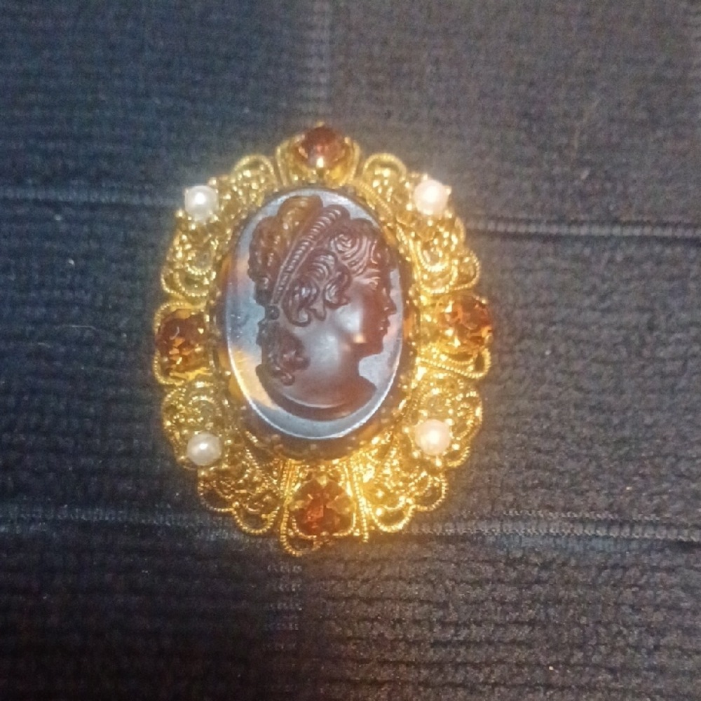 Vintage  Gold and Brown Cameo Carved  Brooch